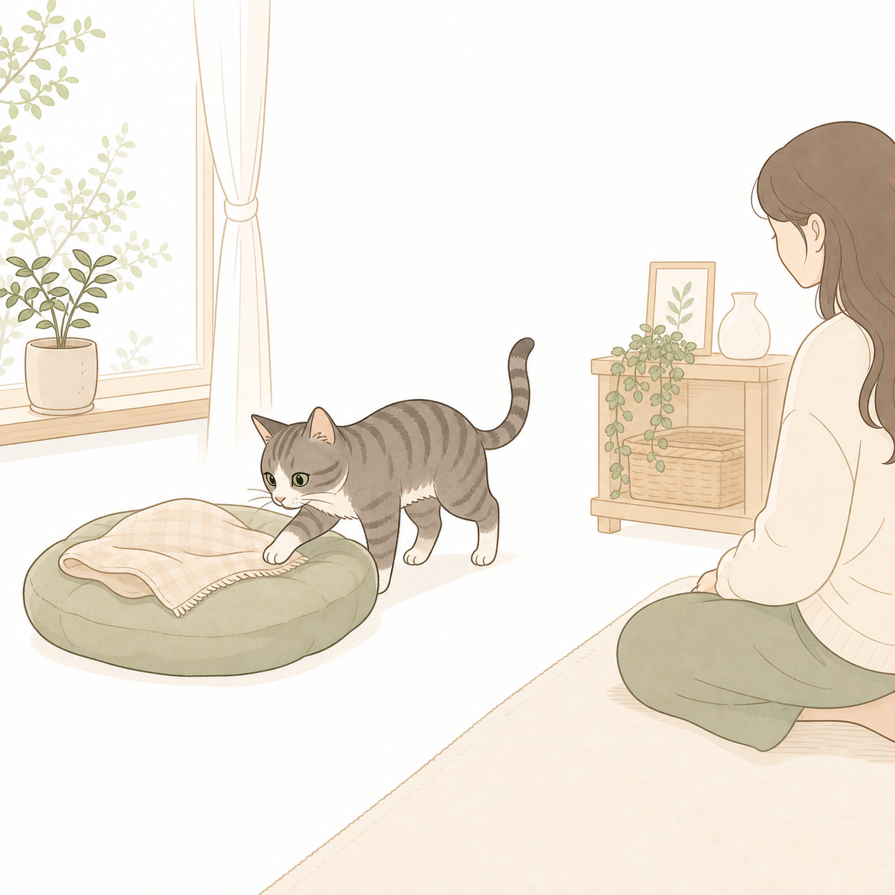 새 방석 위 익숙한 천을 조심스럽게 확인하는 회색 태비 고양이와 멀리서 기다리는 집사