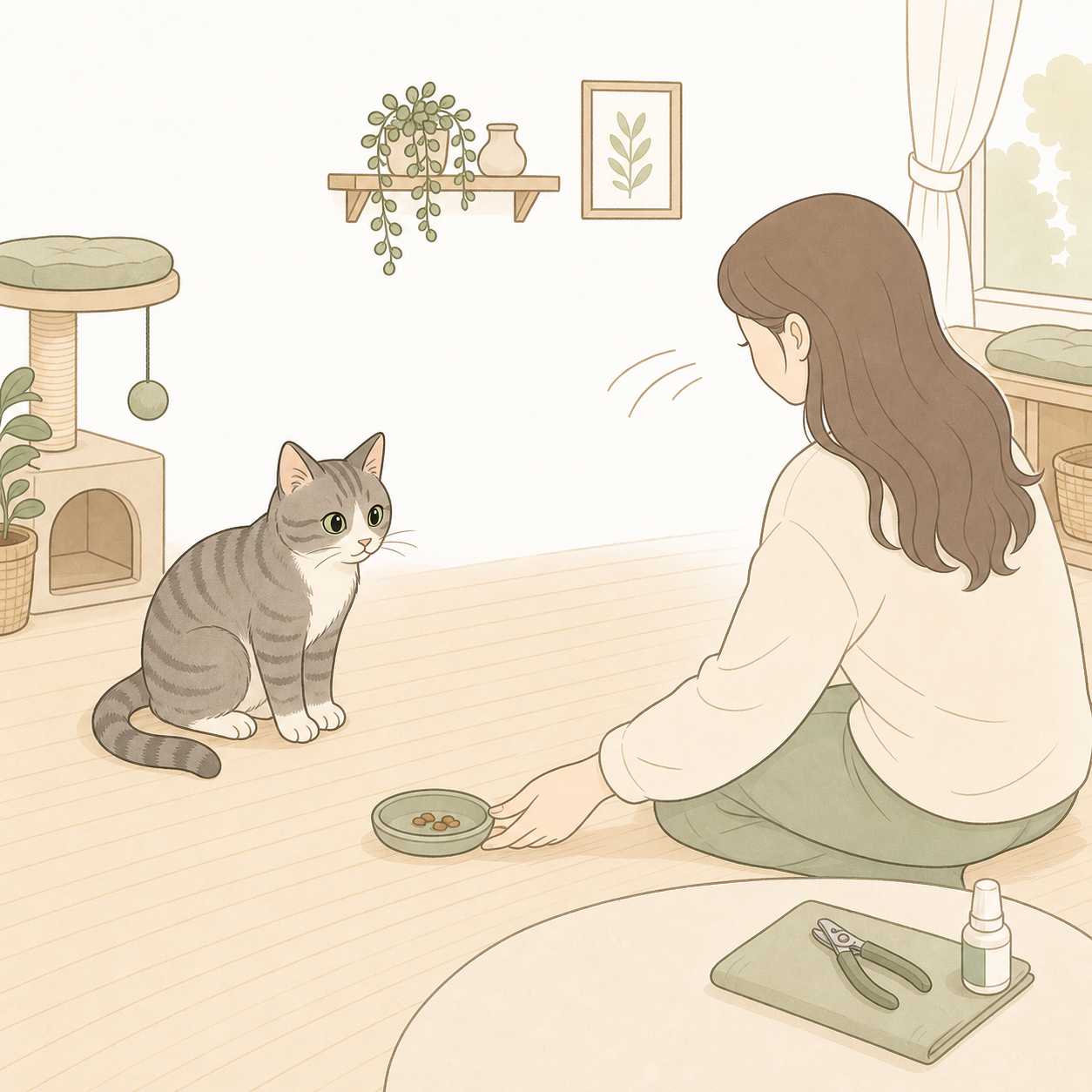 집사가 거리를 두고 간식 접시를 놓아 주자 차분히 바라보는 회색 태비 고양이