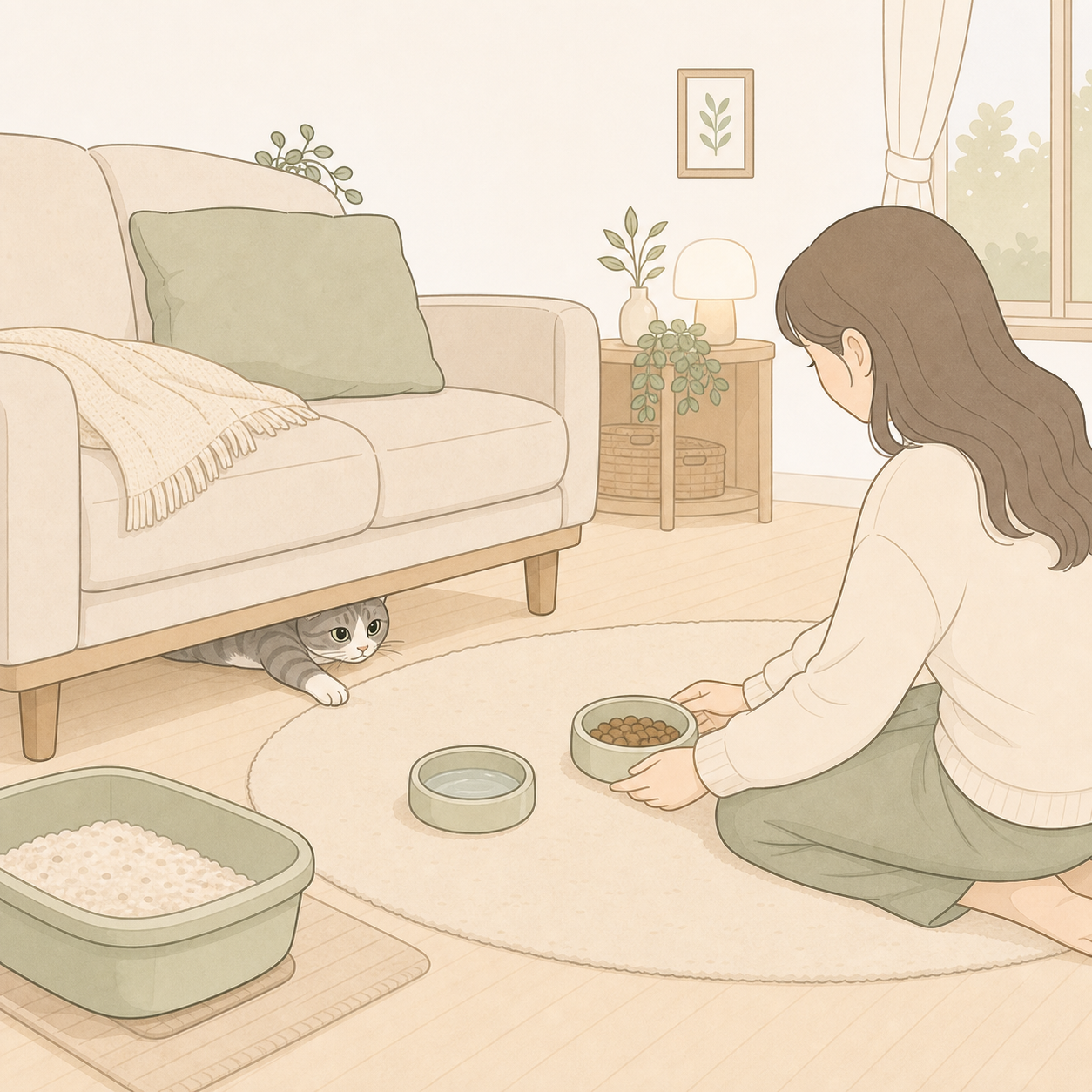 소파 밑에서 조심스럽게 앞발을 내민 회색 태비 고양이와 거리를 두고 밥과 물을 놓는 집사