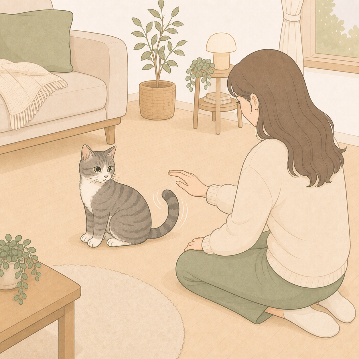 꼬리를 흔드는 고양이를 보고 집사가 손을 멈추는 장면