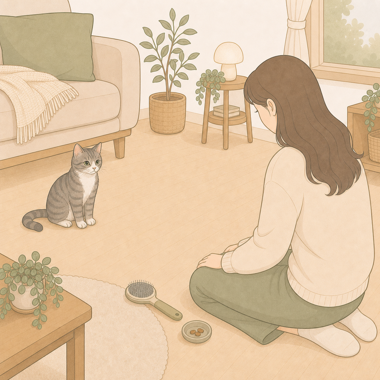 빗을 바닥에 두고 고양이가 스스로 바라볼 시간을 주는 장면