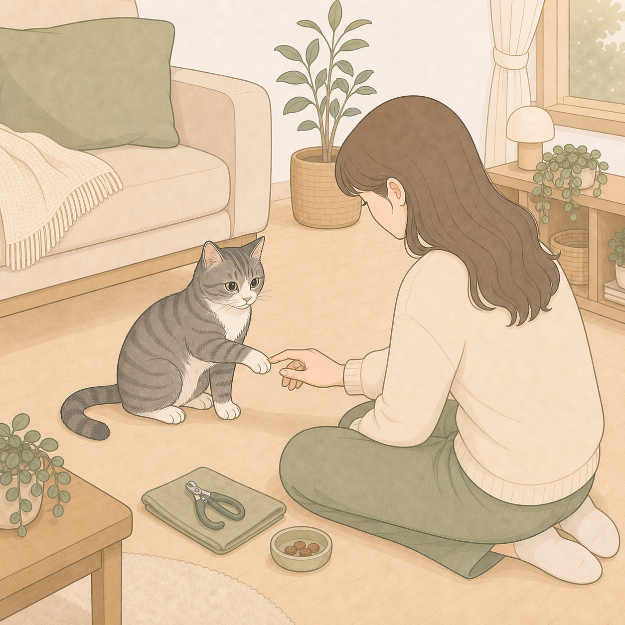 발톱깎이를 옆에 두고 집사가 고양이 앞발을 아주 천천히 만지는 장면