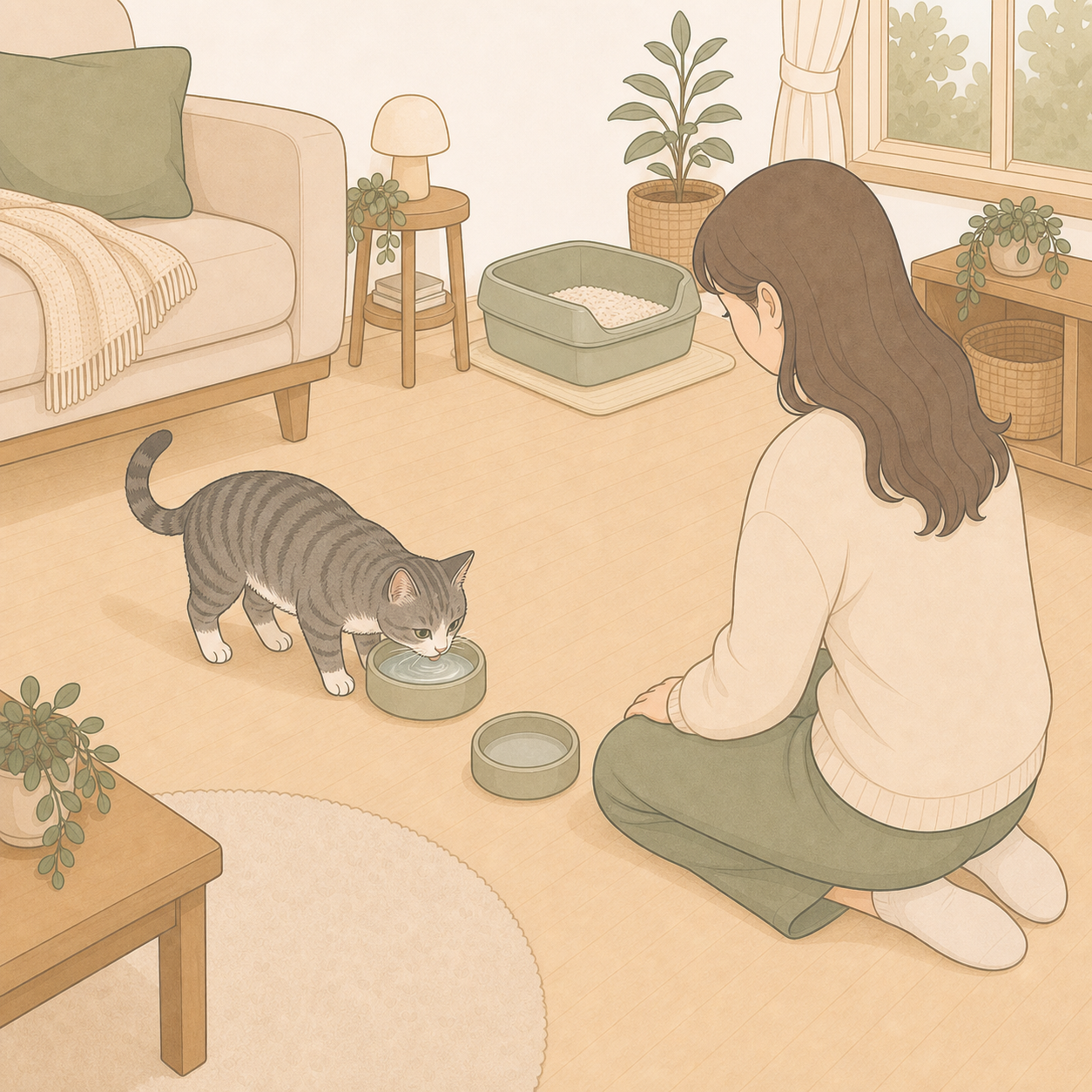 물을 마시는 고양이와 물그릇 변화를 차분히 살피는 집사의 장면