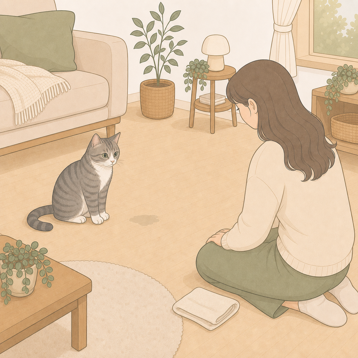 토한 뒤 고양이 상태를 먼저 살피고 수건을 준비한 집사의 장면