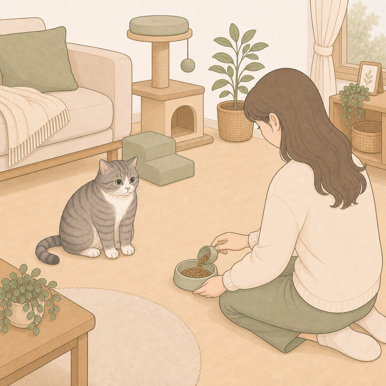 둥글어진 고양이 곁에서 집사가 적정 식사와 놀이를 준비하는 장면