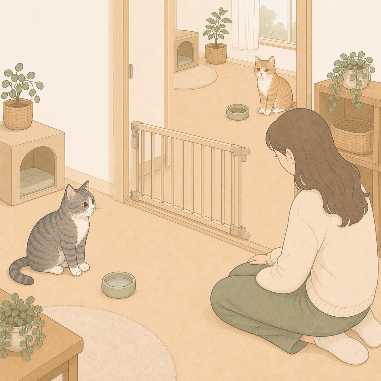 문을 사이에 두고 두 고양이가 각자의 공간과 동선을 유지하는 장면