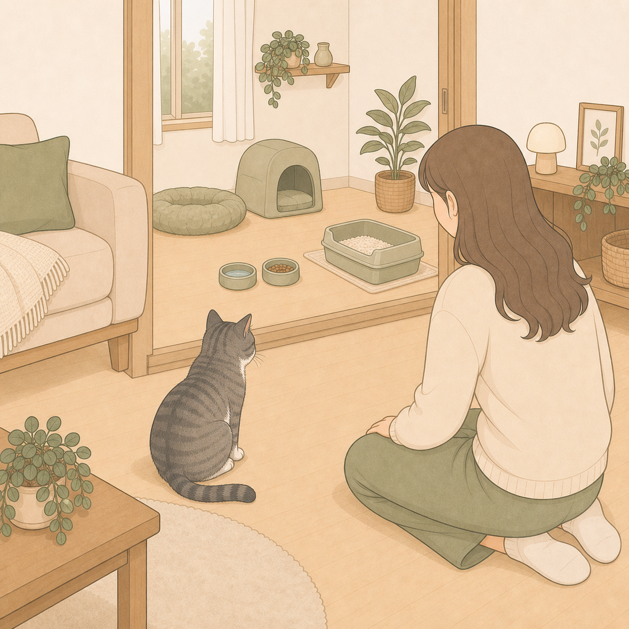 첫째 고양이와 함께 둘째를 위한 분리 공간과 자원을 미리 살피는 장면