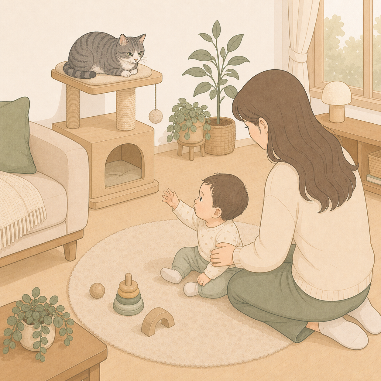 높은 자리의 고양이를 아기가 바라보고 집사가 손을 부드럽게 안내하는 장면