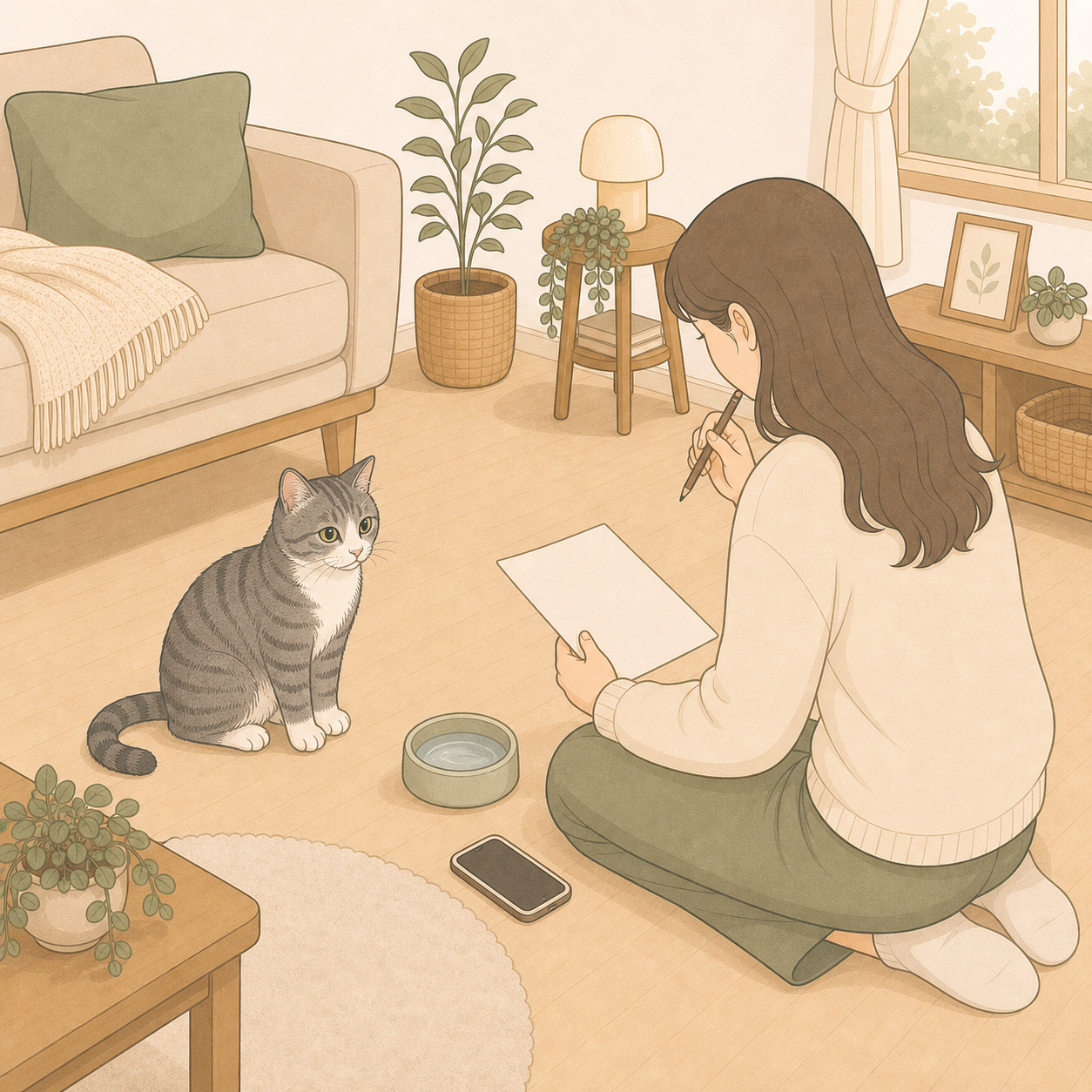 고양이 곁에서 집사가 빈 종이와 빈 화면의 휴대폰을 두고 도움을 묻기 위해 준비하는 장면