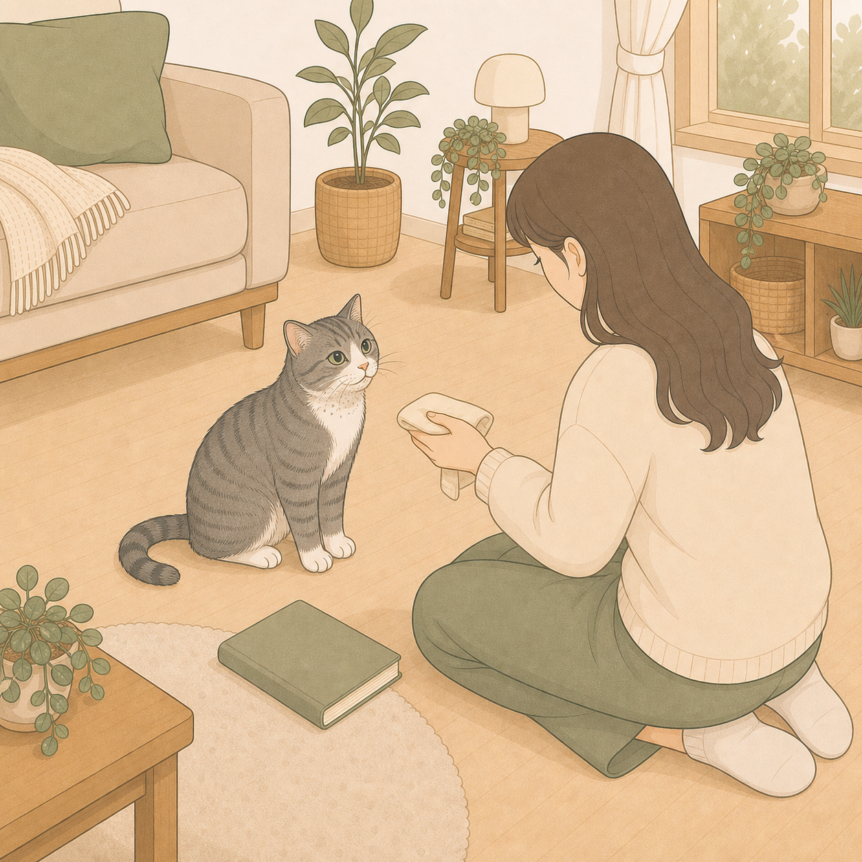 턱 아래 작은 변화를 집사가 부드러운 천과 빈 노트로 차분히 살피는 장면